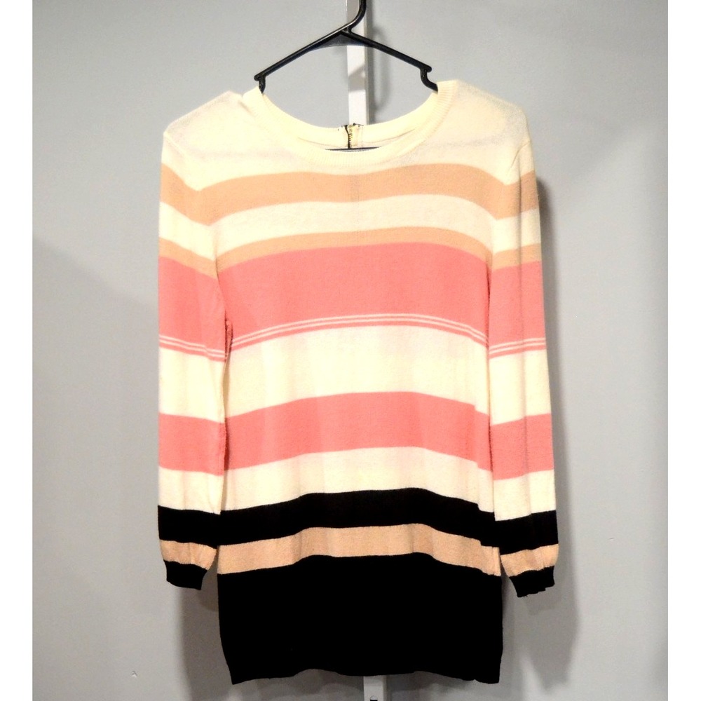 Dana Buchman Women S Stripe Sweater 3/4 Sleeve Back Zip Cotton Viscose